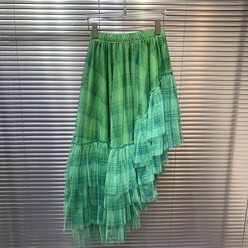Solid Color Patchwork Gazue Dissymmetry High Waist A Line Skirt