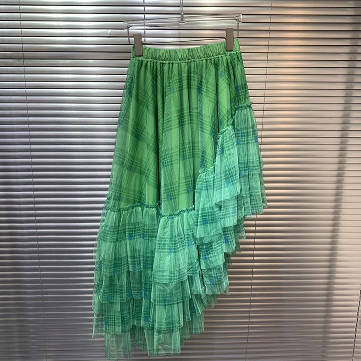 Solid Color Patchwork Gazue Dissymmetry High Waist A Line Skirt