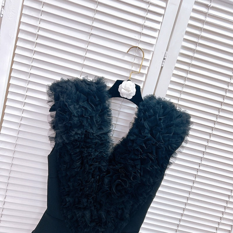 Chest deep V bandage knitted jumpsuit three-dimensional petal V-neck slim vest