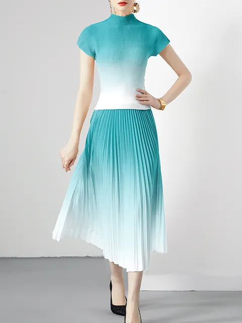 Summer Gradient Pleated Sets For Women Turtleneck Short Sleeve Top Elastic Waist A-line Skirt Female Two Piece