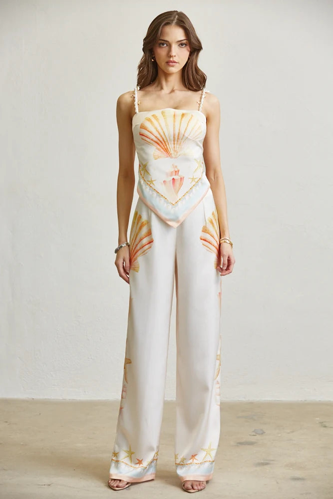 Seashell Pearl Strap Satin Top &amp; Pant Set