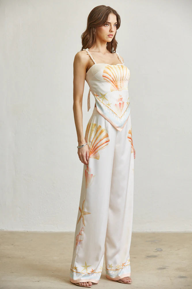 Seashell Pearl Strap Satin Top &amp; Pant Set