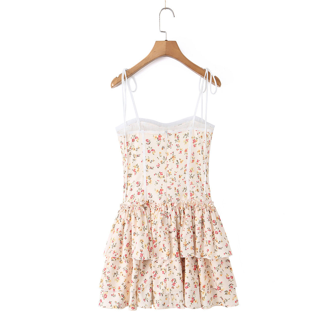 Pink Floral Strap Dress for Women, Tea-Length Mini Skirt, Fitted Waist Cake Style Dress