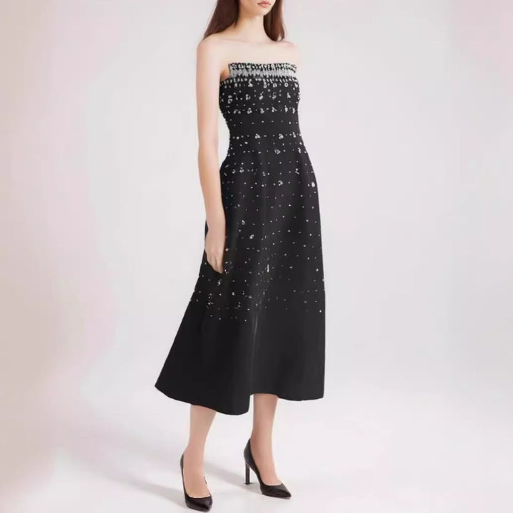 French heavy industry high-end feeling diamond studded nail bead strapless long dress for women&
