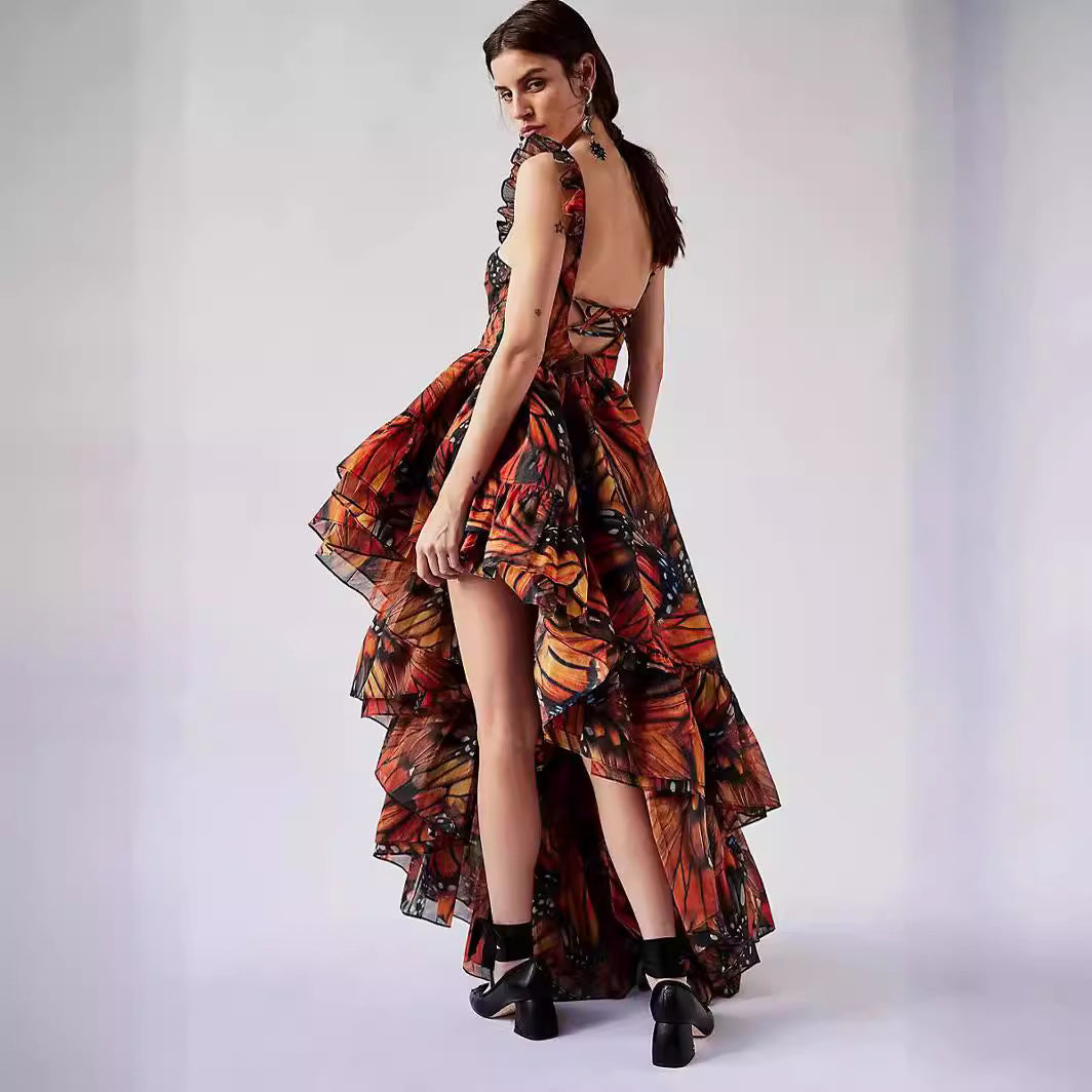 Chiffon Mid-Length Dress with Digital Butterfly PrintFashion Style Strapless, A-Line Silhouette, Casual Dress