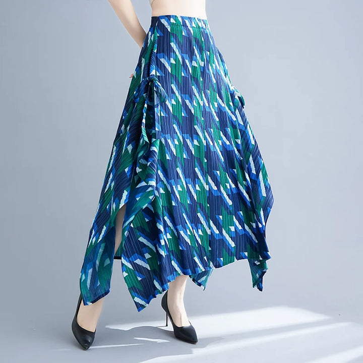Half length skirt medium length skirt A-line skirt for women irregular pleats thousand bird pattern printed skirt