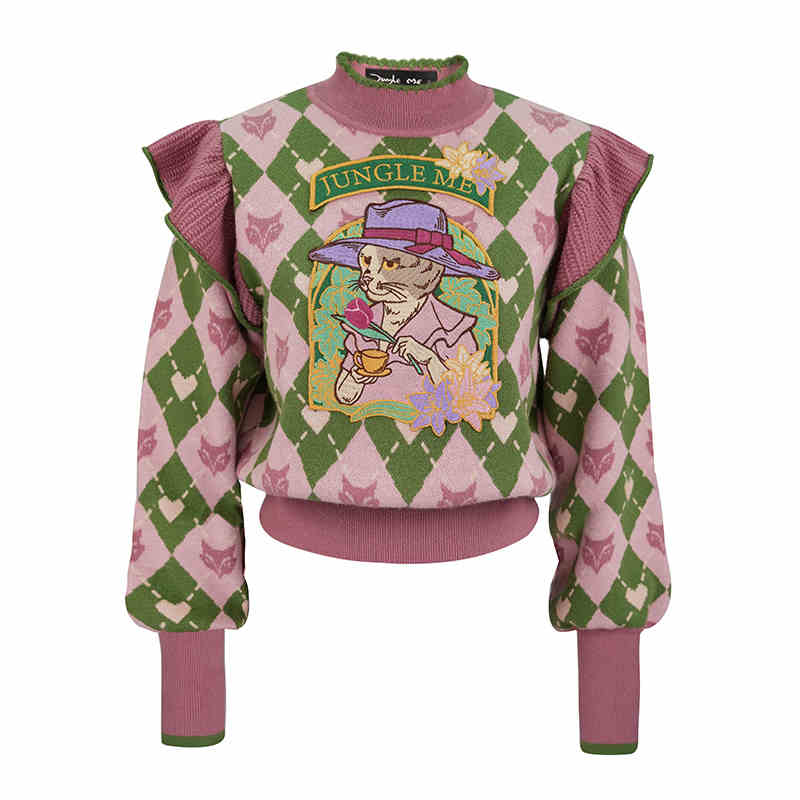 Pink round neck diamond grid long sleeved sweater cat afternoon tea embroidered ruffle edge long sleeved knit