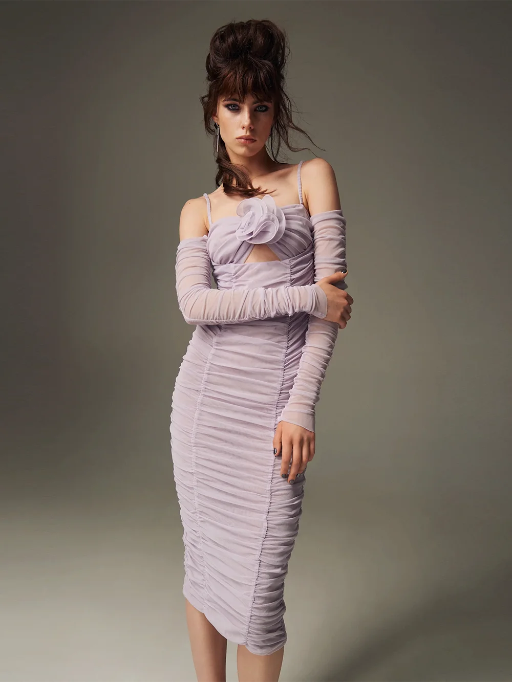 Purple long sleeved dress slim fit one line collar women&