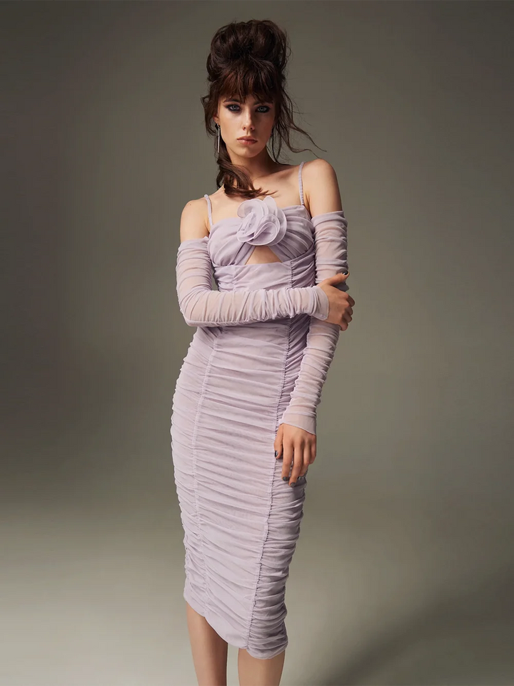 Purple long sleeved dress slim fit one line collar women&