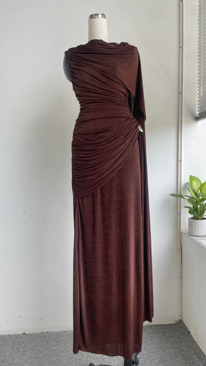 Knitted Sleeveless Pink Ribbon Pleated Floor-Length Dress with Scarf Detail