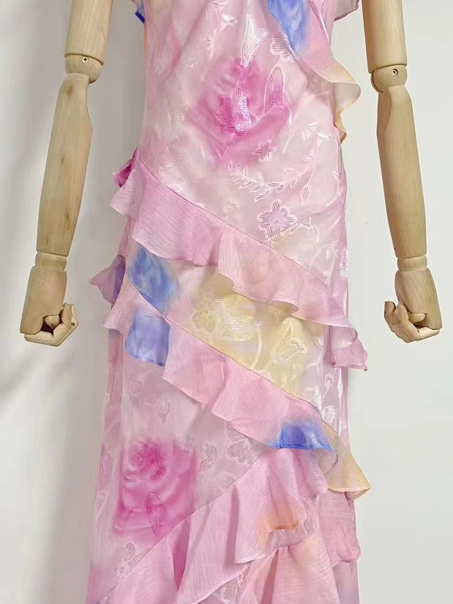 V-neck strap printed backless slim fitting ruffled edge dress for women&