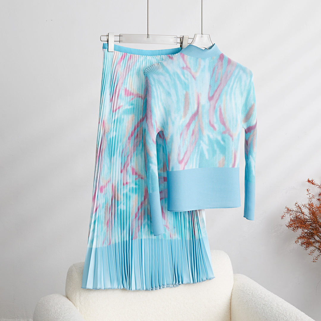 Fashion Print Pleated 2 Pieces Set Women&