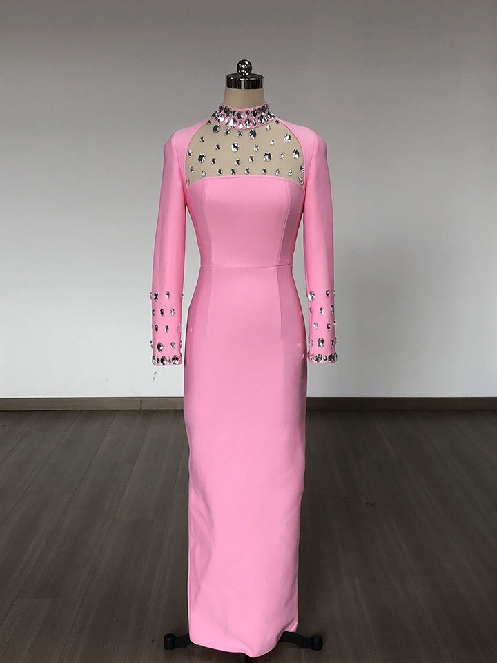 European and American autumn and winter long sleeved slit dress with mesh belt diamond round neck