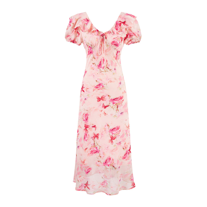 Sexy V-neck Front Tie Floral Backless Design Waist-cinching Long Dress