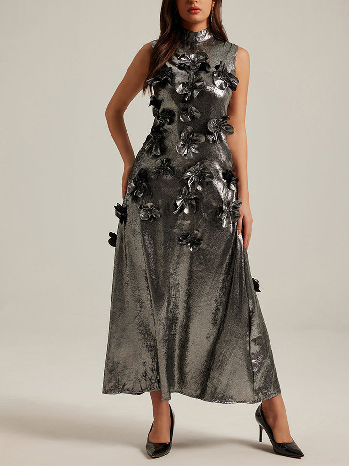 Three dimensional flower splicing sleeveless waist cinched A-line skirt long dress for women