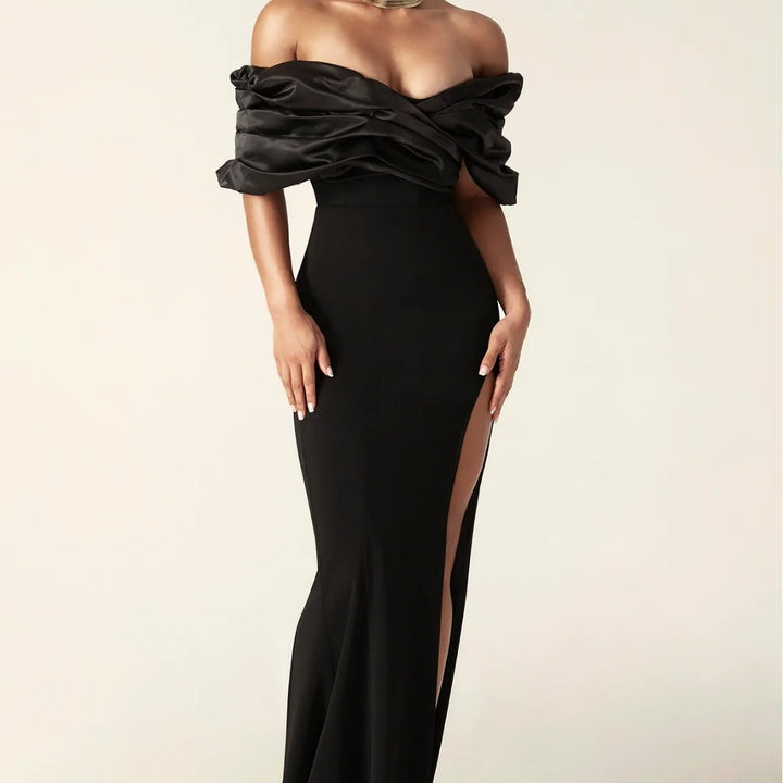 Black fashion pleated edge strapless dress for slimming, tight fitting, and floor length, with a hip hugging design