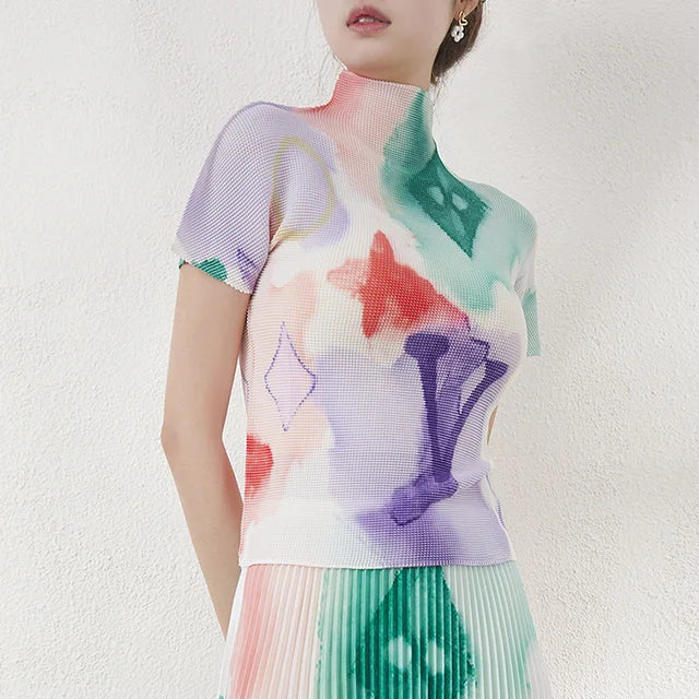 Summer Fashion Design Women Commuter Pleated Forms Tops Half High Collar Printed Geometric Type T-shirt
