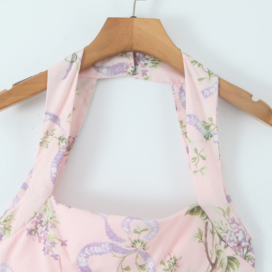 French Halter Square Neck Sexy Fitted Midi Sweet Printed Sleeveless Dress