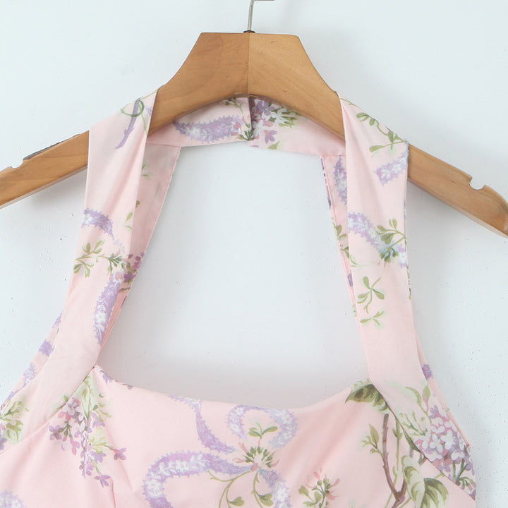 French Halter Square Neck Sexy Fitted Midi Sweet Printed Sleeveless Dress