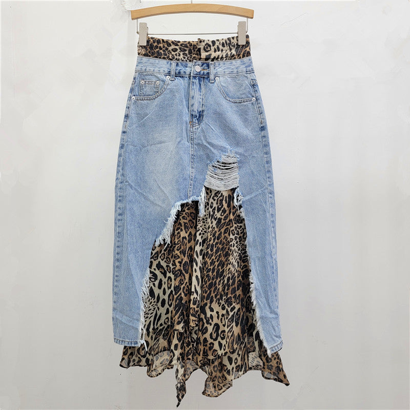 Autumn New Product: Cowboy Leopard Pattern Splicing Fake Two piece Half Skirt, Slimming and Slimming, Spicy Girl Style Half Skirt for Women