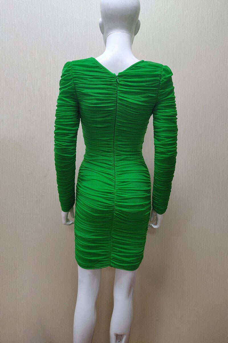 Summer New Mesh Pleated Long Sleeve Collar Sexy Slim Bandage Dress Evening Dress