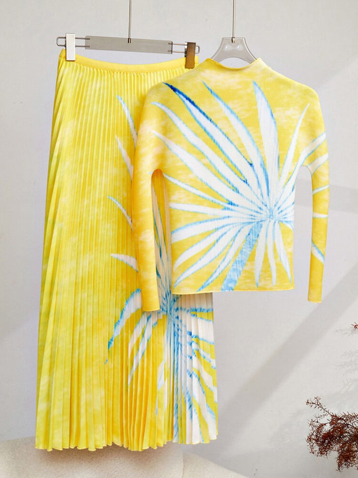 Print Pleated Two Pieces Set For Women Mock Neck Long Sleeve Top Loose Casual Skrit