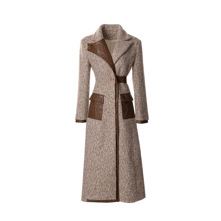 Retro lapel fur roll PU splicing single breasted long women&