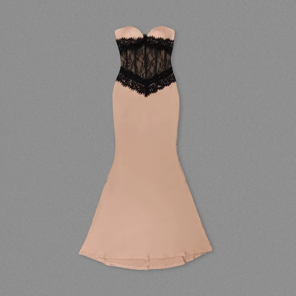 New Sexy Apricot Strapless Lace Elastic Long Dress For Women&