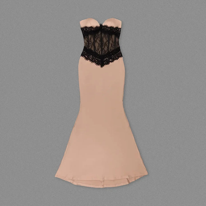 New Sexy Apricot Strapless Lace Elastic Long Dress For Women&