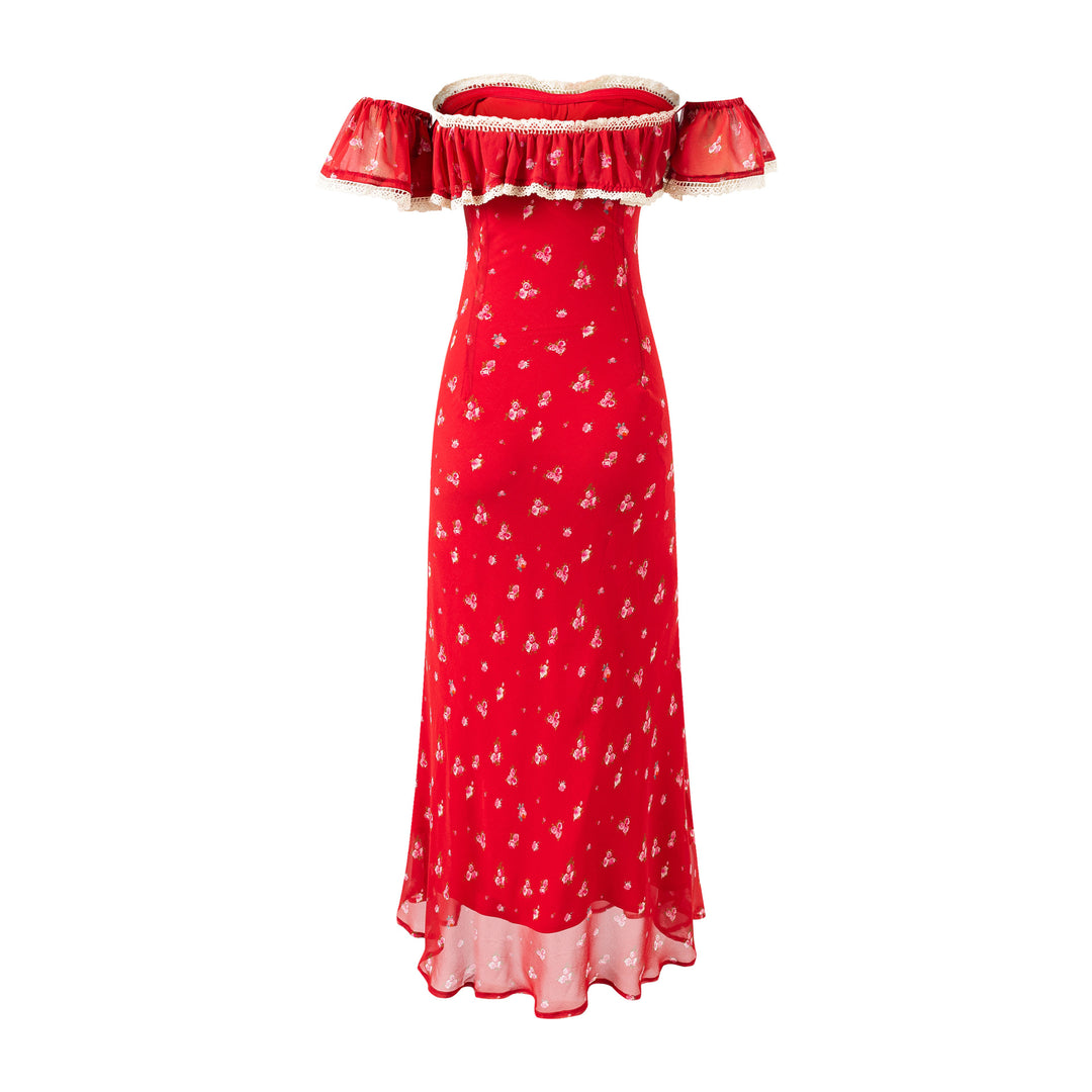 One-Shoulder Lace Hem Red Base Floral Print Dress