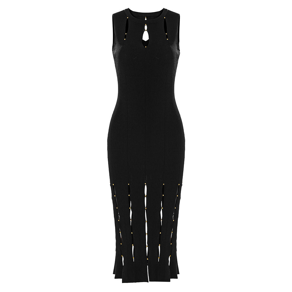 Sleeveless round-neck hollowed-out elegant slit knitted dress that is stylish and slimming