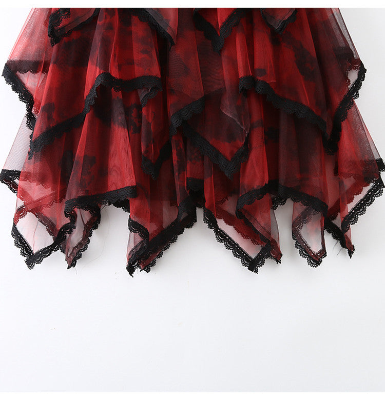 Lace cake-style tulle skirt with tie-dye print, super fairy-like skirt, irregular mesh midi skirt