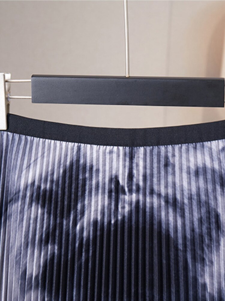 Spring Pleated Print Full Sleeve T Shirt Loose High Waist Color Block Skirt 2 Pieces Set Female Fashion Casual