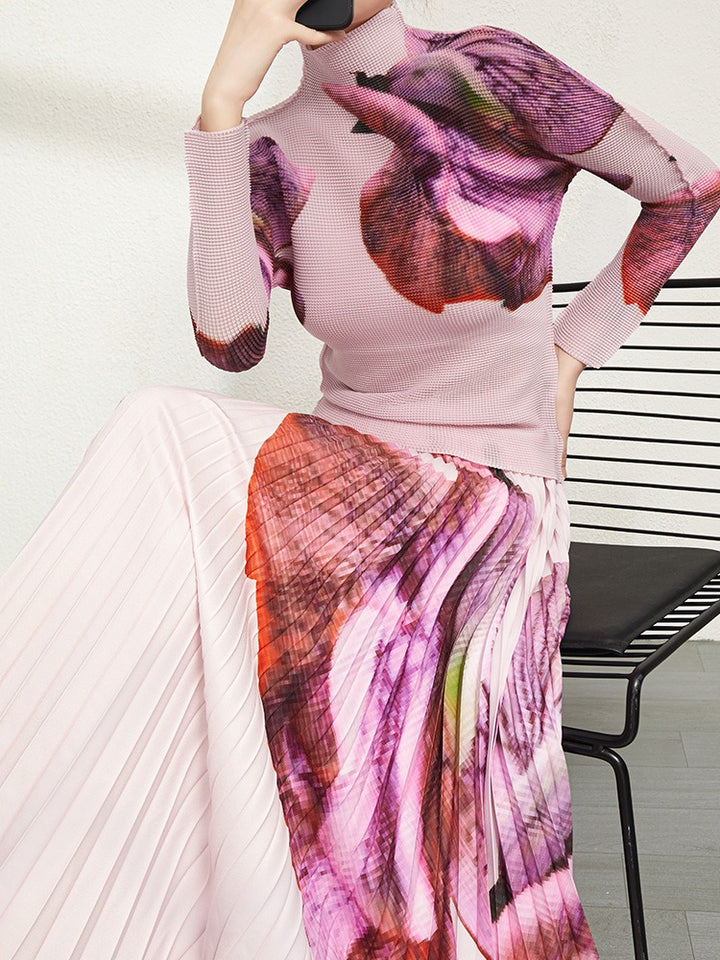 New Printed Top Half Skirt High end Fashion Two Piece Set High end Three House Pleated Set for Women