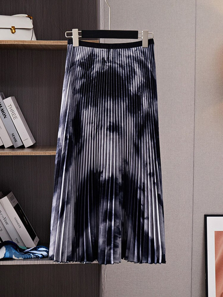 Spring Pleated Print Full Sleeve T Shirt Loose High Waist Color Block Skirt 2 Pieces Set Female Fashion Casual