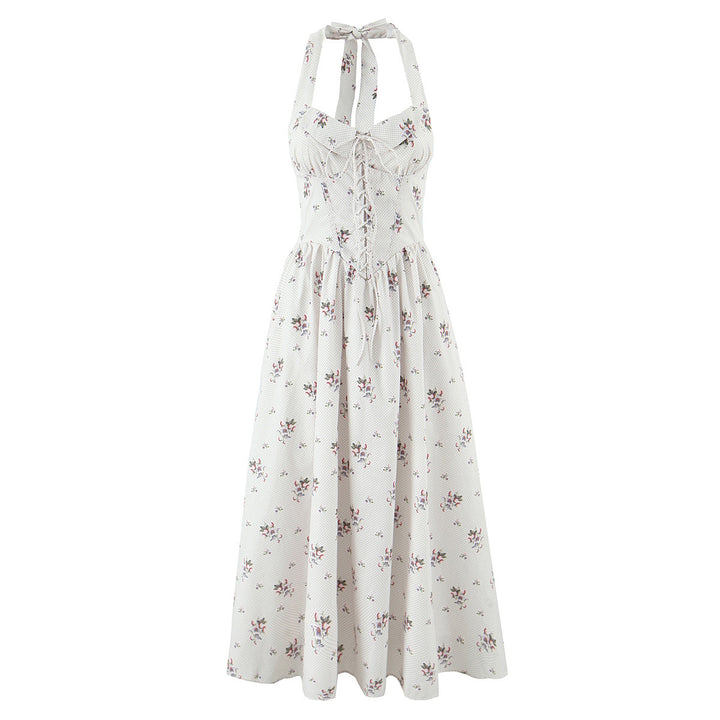 Floral lace up neck cinching waist cinching suspender dress for women