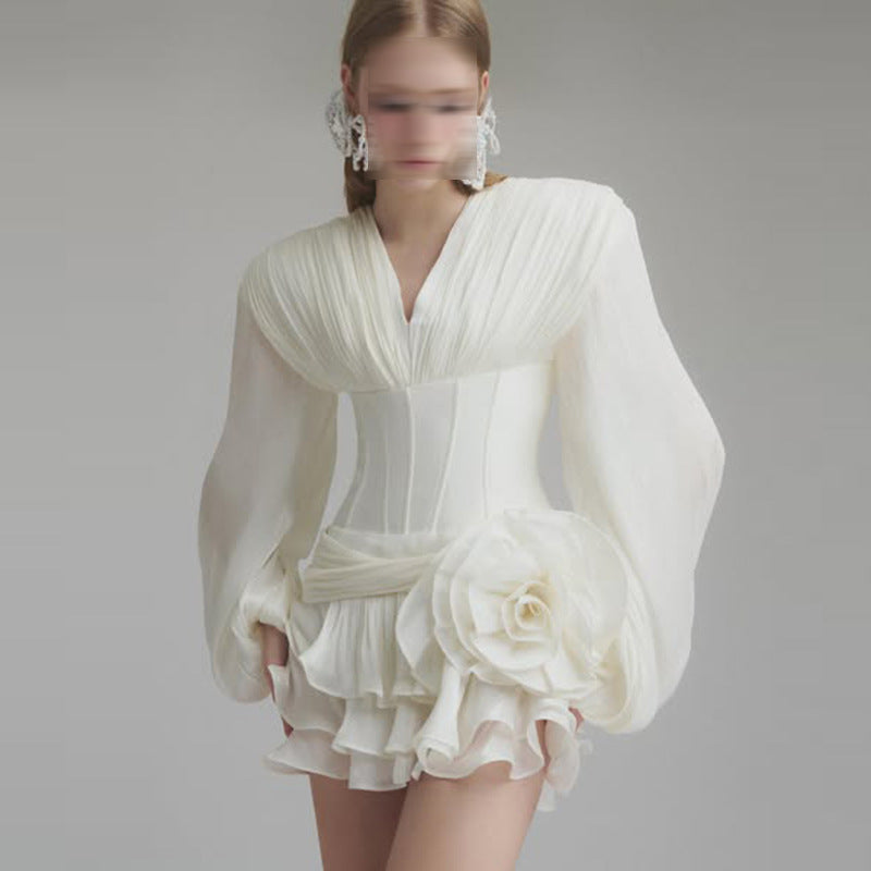 French Elegant Noble Ruffle Hem Short Dress V-Neck Bubble Sleeve 3D Flower Dress Summer Women