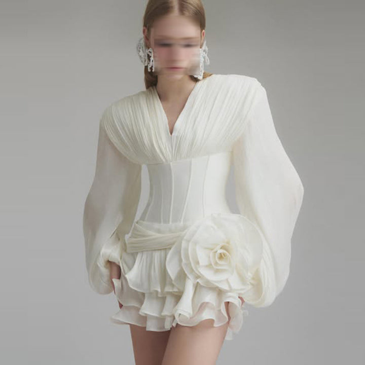 French Elegant Noble Ruffle Hem Short Dress V-Neck Bubble Sleeve 3D Flower Dress Summer Women