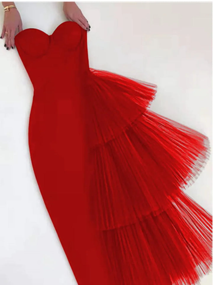 New Red Color Women Sexy Off the Shoulder Ruffles Bodycon Mid-calf Dress Rayon Bandage Celebrate Birthday Party Dress