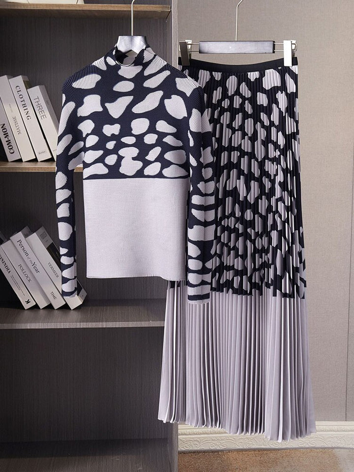 2 Pieces Set For Women Color Block T Shirt Long Sleeve A-line Elastic Waist Skirts Elegant Cloth Fashion Spring