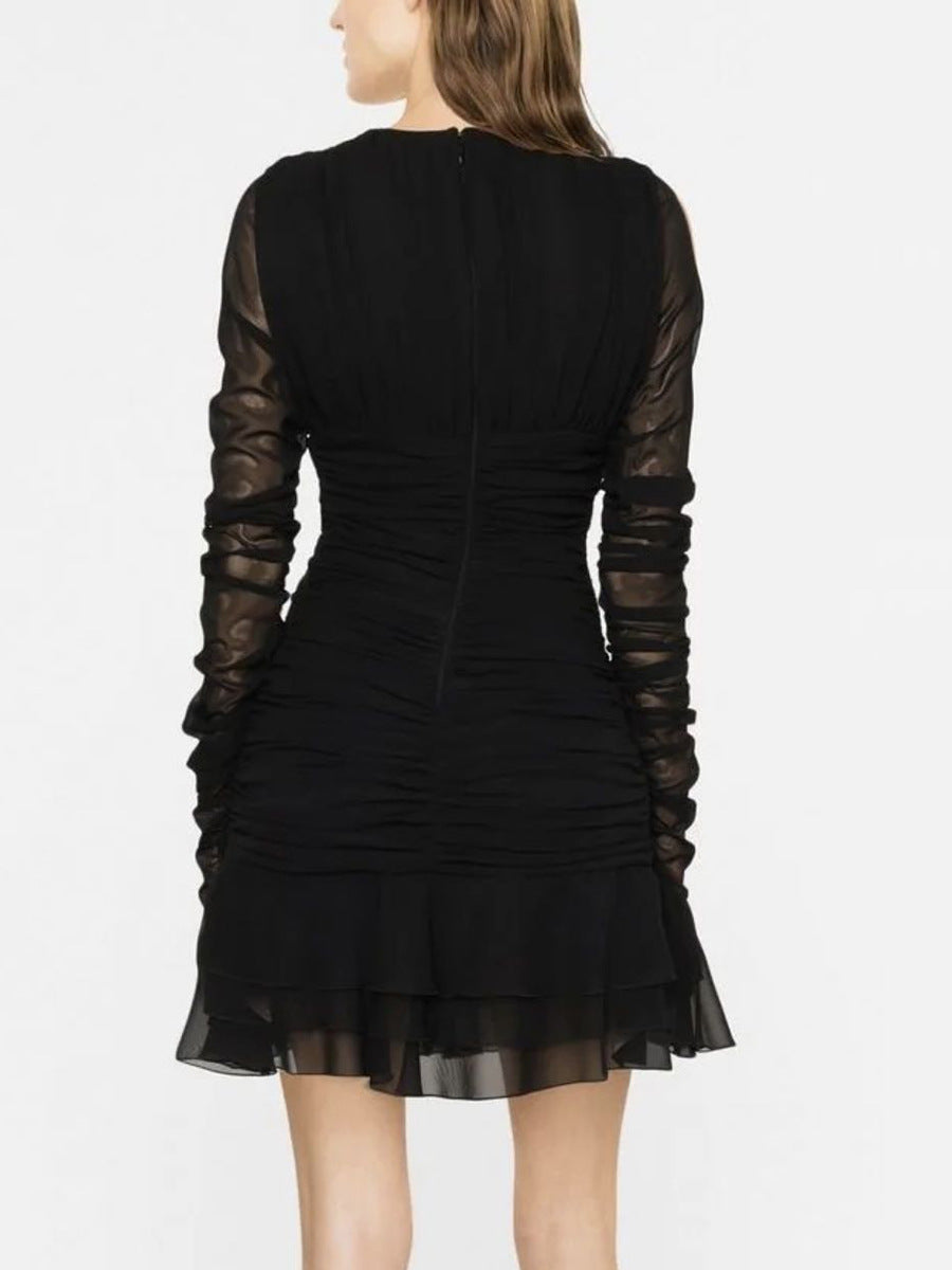 French Temperament Style Handmade Pleated Skirt Autumn New Sexy V-Neck Long Sleeve Dress