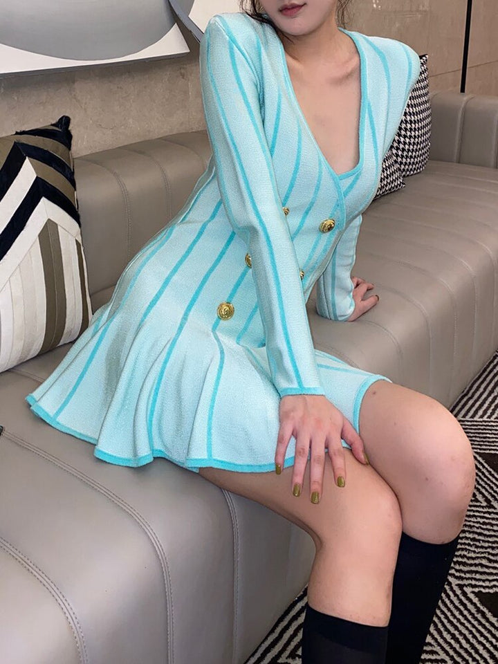 Short Tweed Dress With Gold-Tone Buttons Sexy Green Striped V-Neck Zip Mini Dresses Fall Women&