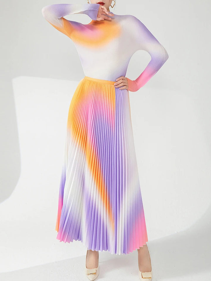 Pleated 2 Pieces Set For Women Half High Collar Full Sleeve Top + A Line Skirt Elegant New Spring