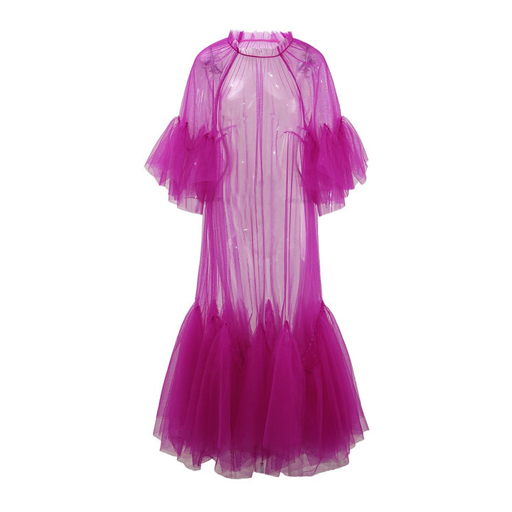 Lace collar loose petal short sleeved mesh dress, women&