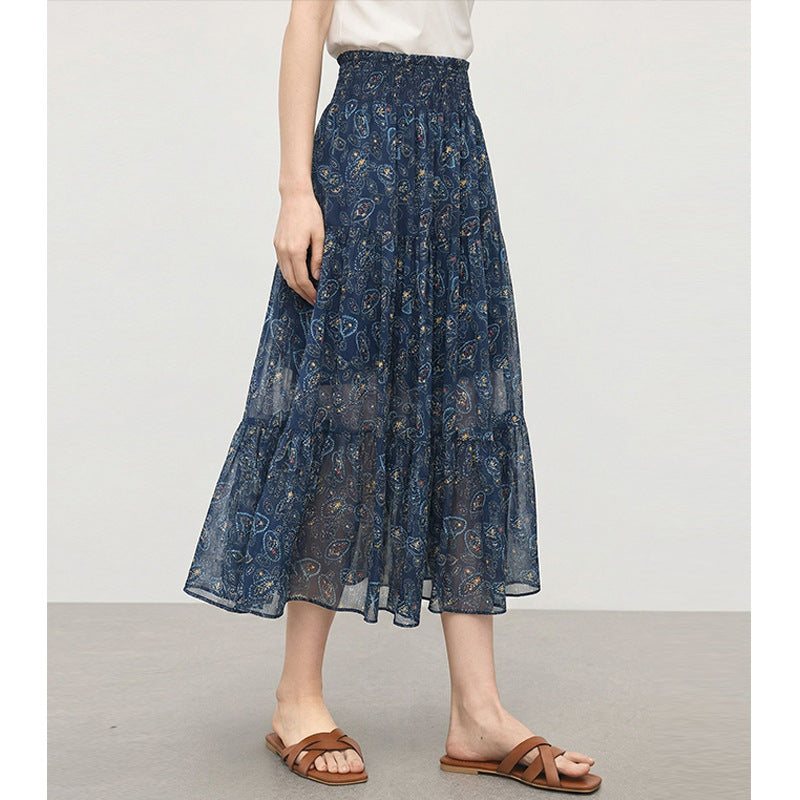 Ethnic Style Summer Outfit Floral Midi Skirt with Elastic Waist