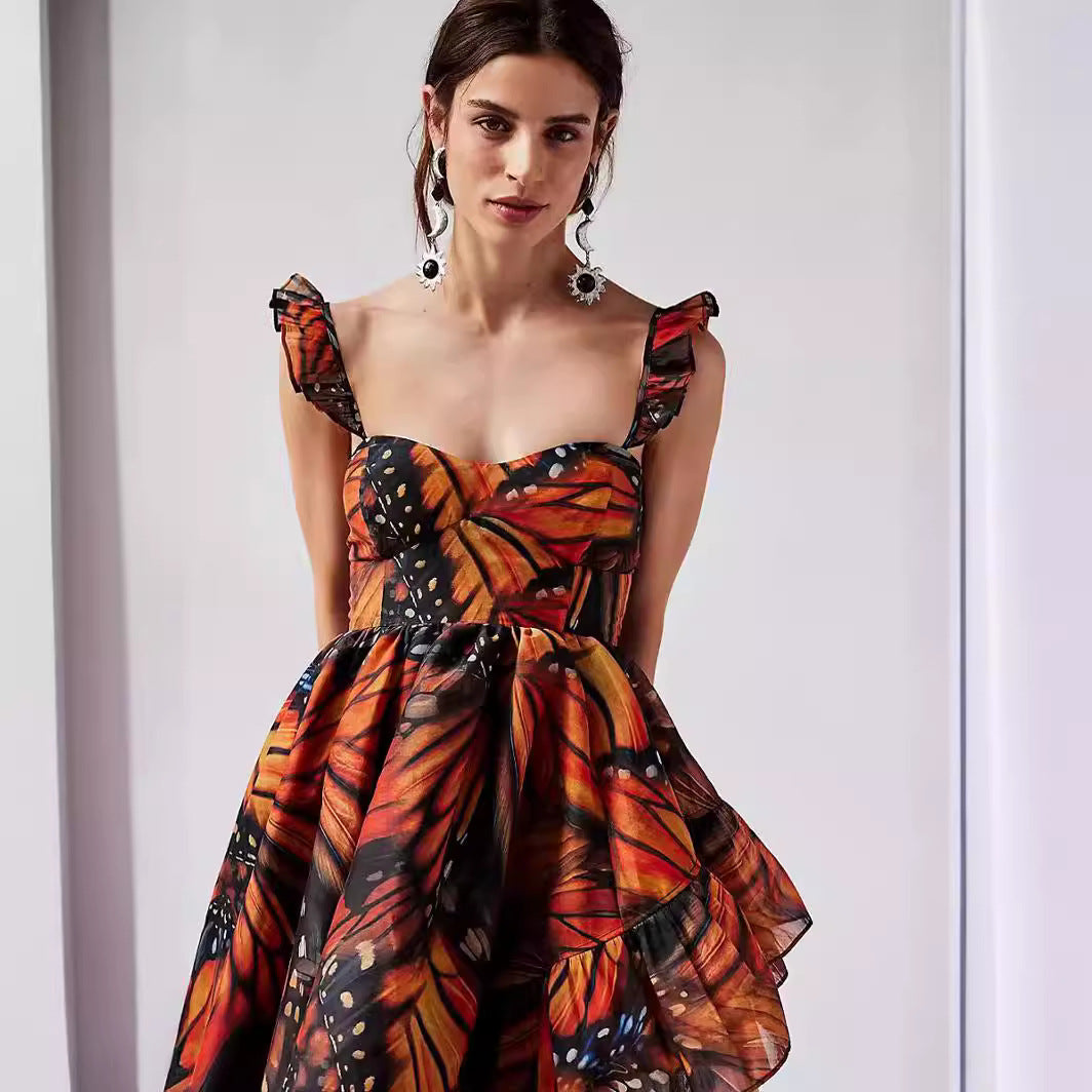 Chiffon Mid-Length Dress with Digital Butterfly PrintFashion Style Strapless, A-Line Silhouette, Casual Dress
