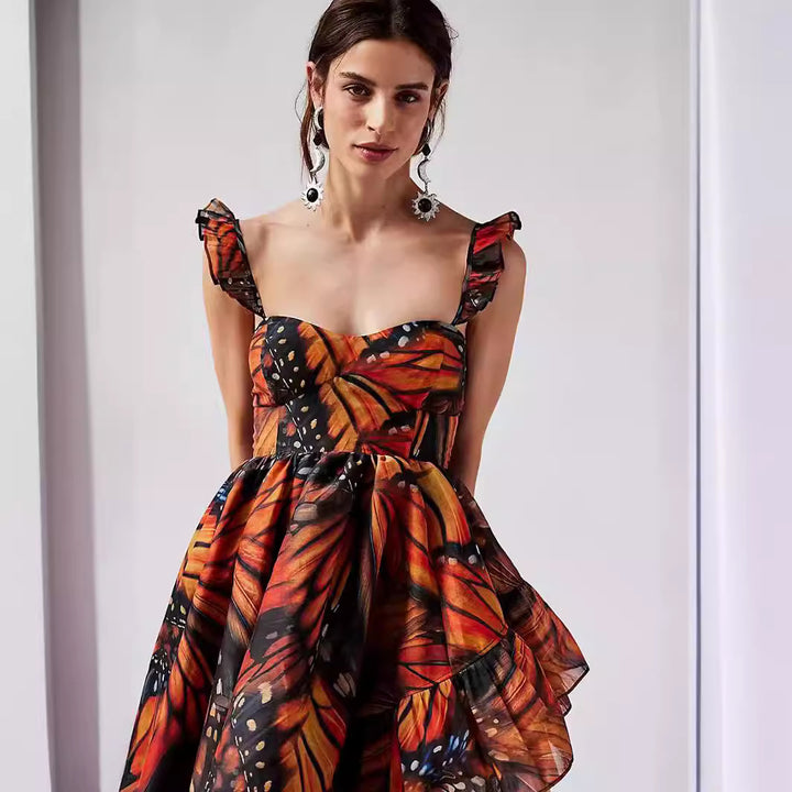 Chiffon Mid-Length Dress with Digital Butterfly PrintFashion Style Strapless, A-Line Silhouette, Casual Dress