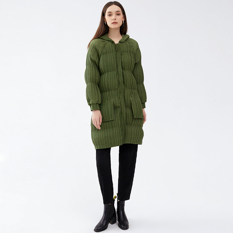 Long Plush Hooded Puffer Jacket for Women - Slimming Warm Cotton-Padded Parka with Pleated Design