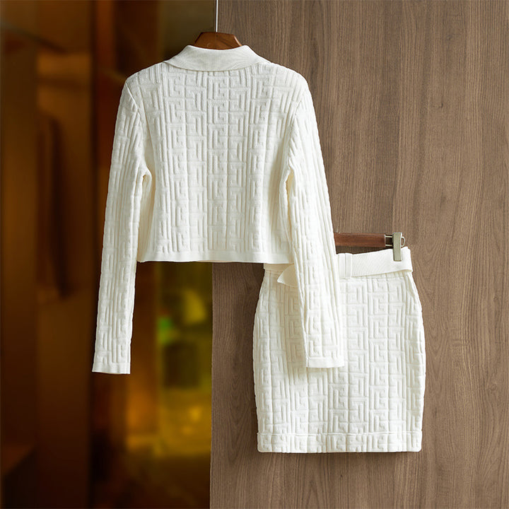 Autumn And Winter New Knitting Skirt Suit Collar Herringbone Top Belt Hip Wrap Skirt Two-Piece Fashion Suit