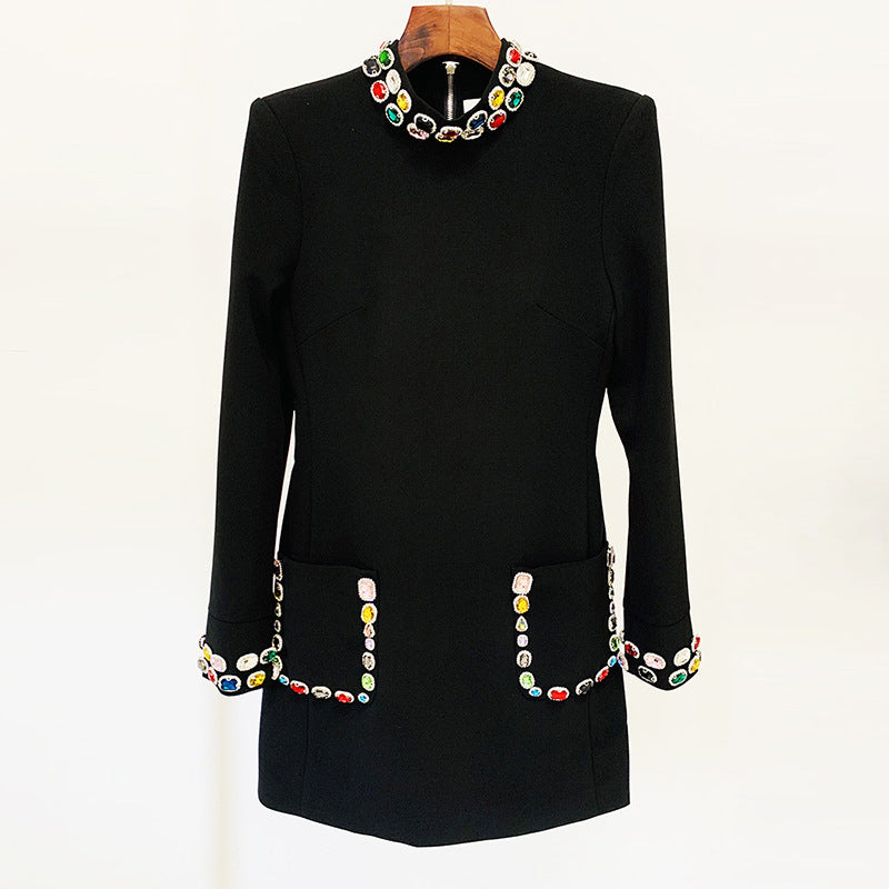 Fashion heavy industry nail bead inlaid diamond colored gemstone long sleeved dress